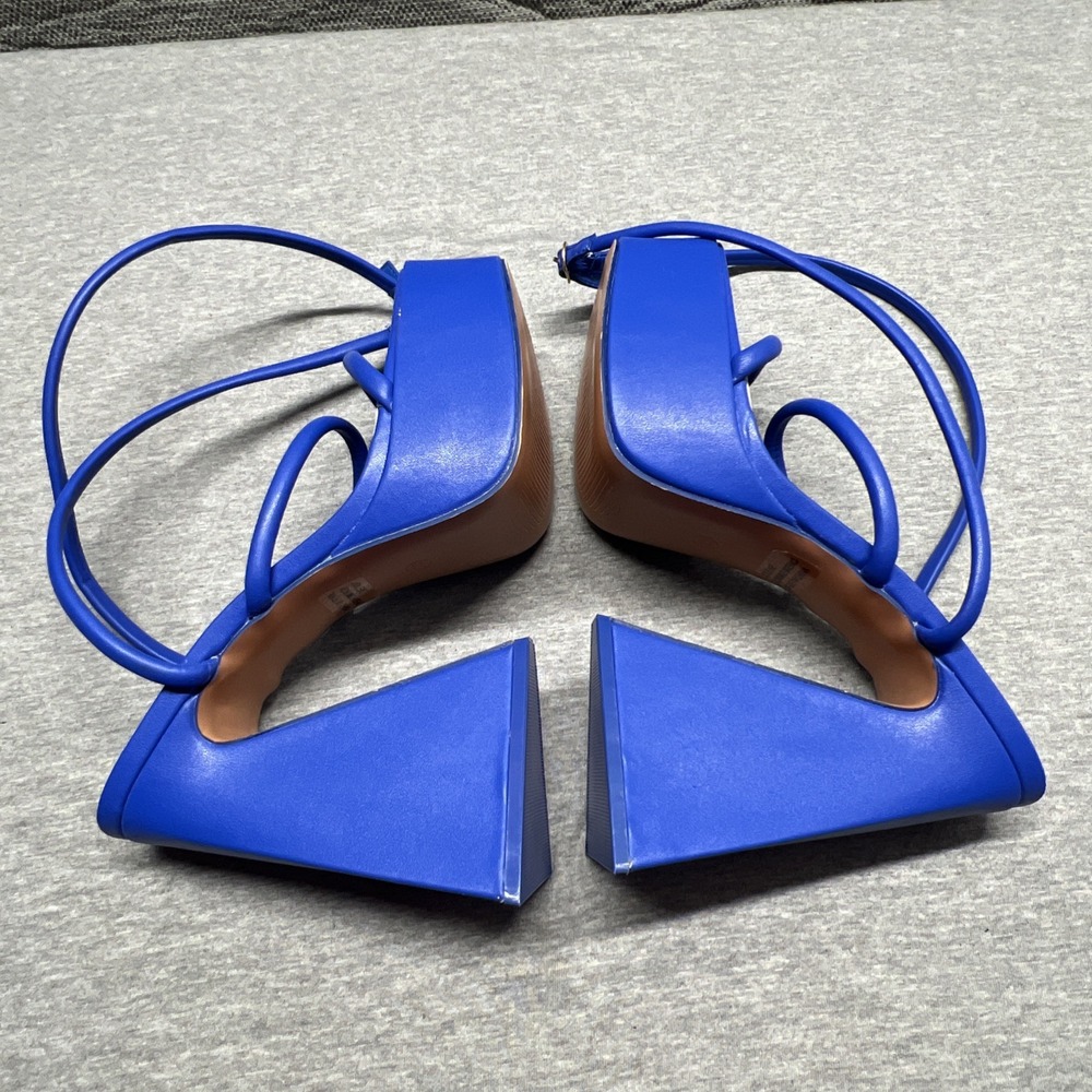 Mixx Shuz Platforms Blue Satin Heels Shoe  Women's Size 8.5 Ankle Wrap Straps - Picture 12 of 14